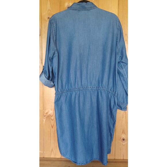 Vintage Chambray Midi Dress Women's Large Roll Tab Sleeves Drawstring Drop Waist - Picture 4 of 8